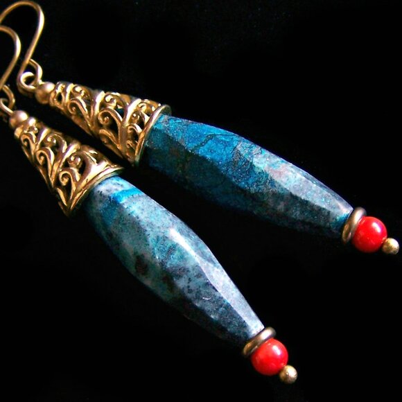 Large natural AZURITE earrings Long Gold Brass Faceted gemstone - Picture 1 of 7